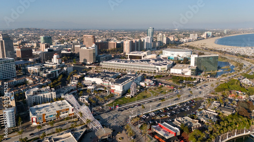 Tableau sur toile Drone view of Long Beach California downtown skyline near the ocean