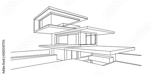 Modern architectural sketch of a luxury house with flat roofs and glass windows Vector, illustration