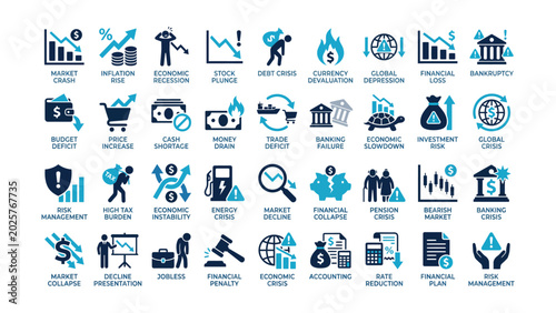 Canvastavla Collection of business and finance crisis related icons and labels on white back