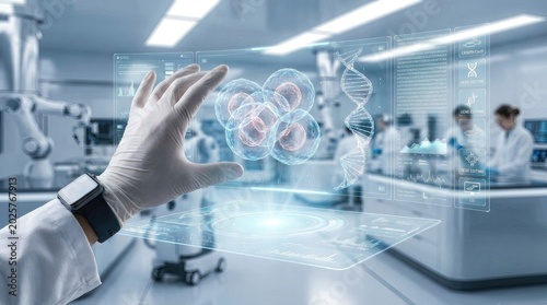 Biotech researcher’s hand manipulating holographic cell structures in a futuristic laboratory, Generated by AI
