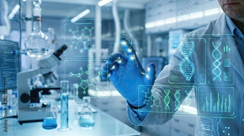 Biotech researcher’s hand manipulating holographic cell structures in a futuristic laboratory, Generated by AI