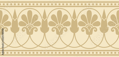 Vector gold seamless classic greek meander ornament. Pattern of ancient Greece. Border, frame of the Roman Empire.
