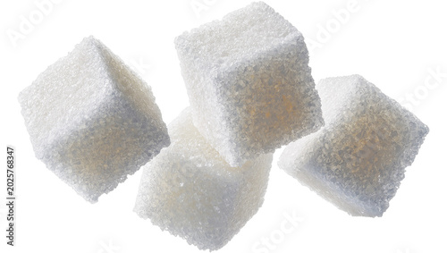 Foto Four granulated sugar cubes tumbling, isolated on transparent background