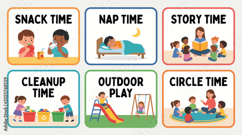 Educational flat vector visual schedule illustrating diverse daily preschool activities for young children in a daycare setting