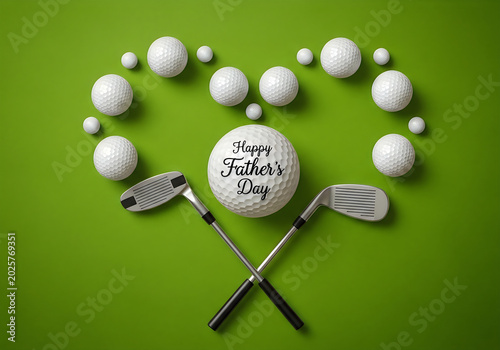 Happy fathers day golf theme with balls and clubs isolated on white background
