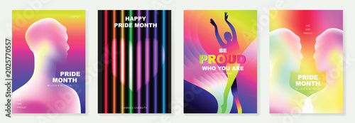 Pride Month poster set vector. Colorful LGBTQ+  social media template with rainbow hearts, hands, couple silhouette and love message for equality, diversity and human rights.
