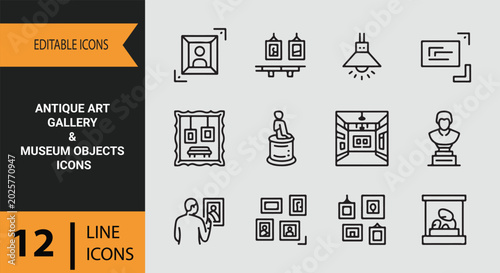 Fotografija Antique art gallery museum objects outline icons set for culture history exhibit