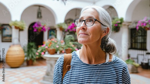 A person with gray hair and glasses gazes upwards in a lovely courtyard adorned with colorful flowers and charming architecture. The sunlight highlights her joy and curiosity.