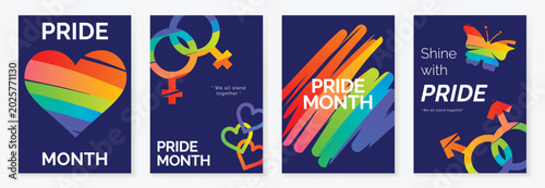 Pride Month poster set vector. Colorful LGBTQ+  social media template with rainbow hearts, hands, couple silhouette and love message for equality, diversity and human rights.