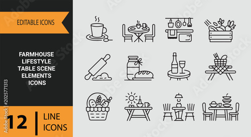 Foto Farmhouse lifestyle table scene elements outline icons set for rustic home dinin