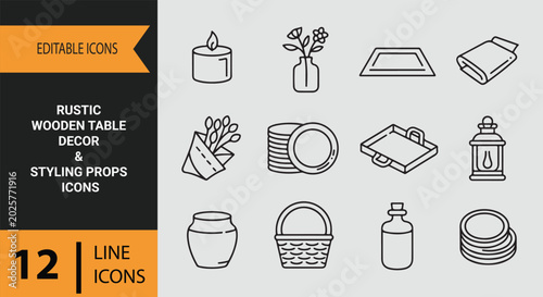 Rustic wooden table decor styling props outline icons set for farmhouse scene arrangement elements