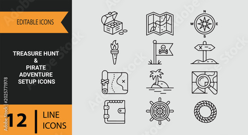 Valokuva Treasure hunt pirate adventure setup outline icons set for map chest compass isl