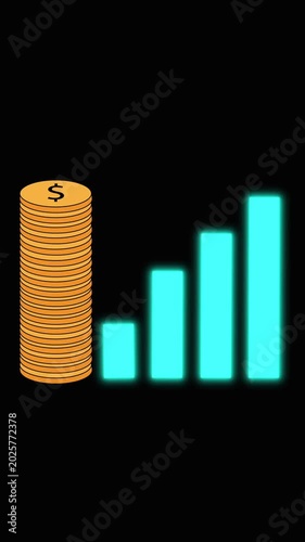 Financial trading bar graph background animation. Gold neon business graph chart. Stock market wealth analysis visual.
