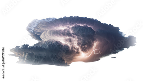 Bild auf Leinwand Massive cumulonimbus storm cloud with lightning strike, isolated on transparent