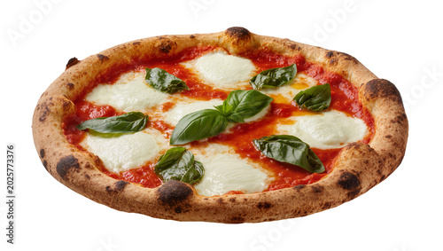 Bild auf Leinwand Neapolitan pizza with fresh mozzarella tomato sauce and basil leaves, isolated o