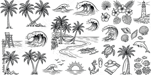 Photography Tropical beach summer vacation sketch collection featuring palm trees ocean waves seashells surfboards and animals