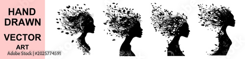 Foto Artistic woman silhouette with abstract floral branches and flying leaves, creat