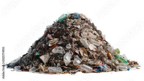 Fotografie Large pile of mixed garbage including plastic bottles, isolated on transparent b