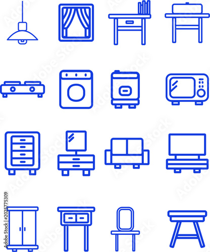 Home Furniture and Household Appliance Line Icons Set