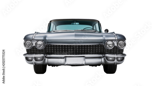 Photography Classic silver Cadillac car front view chrome grille and headlights, isolated on