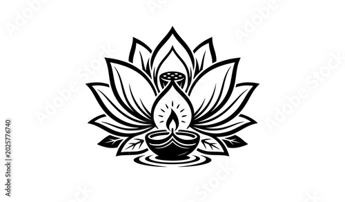 Quadro su tela Black and white illustration of a lotus flower with a diya lamp