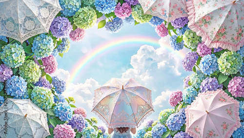梅雨の晴れ間の、日傘とあじさいのお花の背景
