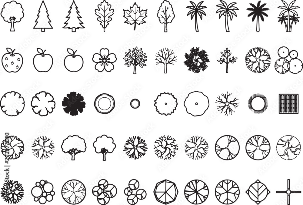 Fototapeta premium A collection of stylized, top-down and side-view illustrations of various trees and plants, presented in a clean, graphic style.