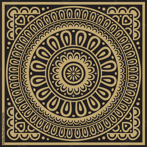 Classic Greek black and gold square ornament. Vector pattern, ancient Hellenic rectangle. European border.