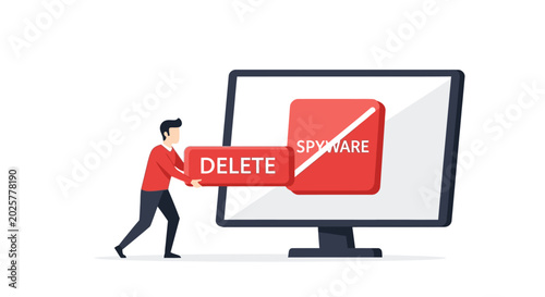 Quadro su tela Cybersecurity concept: Man pushing a delete button to remove spyware from a computer monitor, digital data protection and malware removal illustration
