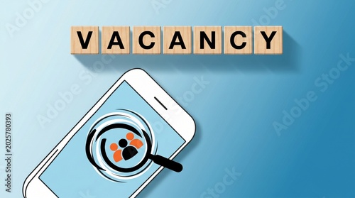 Job vacancy announcement with wooden letter blocks, smartphone interface for recruitment, human resources search and hiring concept