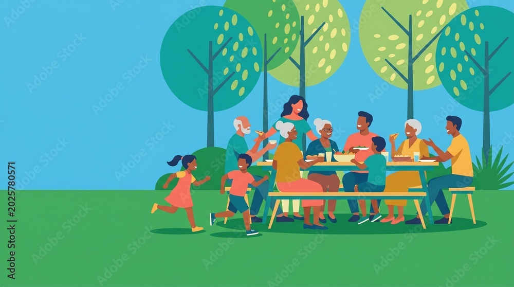 Fototapeta premium Flat Style Illustration of Large Diverse Family Reunion Outdoor Lunch with Children Running in Park
