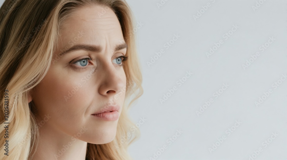 Naklejka premium Woman with lines on forehead. Female considers anti-aging face treatment. Blue eyed blonde looks in side. Needs skin care, wrinkle reduction, cosmetic therapy.