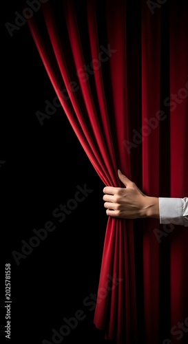 Hand Pulling Back Red Theater Curtain Revealing Darkness.