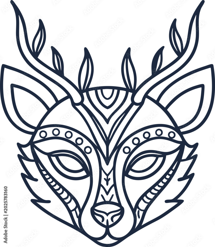 Obraz premium Stylized deer head with antlers and tribal decorative patterns line art design