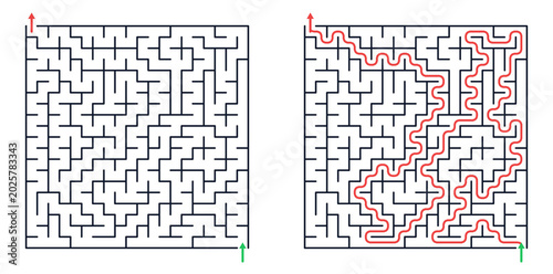 20*20 Maze design with path solution in red and black on white background  