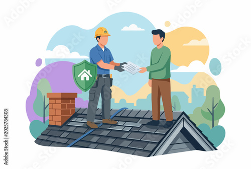 Roofer Handing Insurance Contract to Homeowner on Shingle Roof