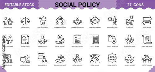 Social policy icons collection featuring community support human rights welfare and public services.