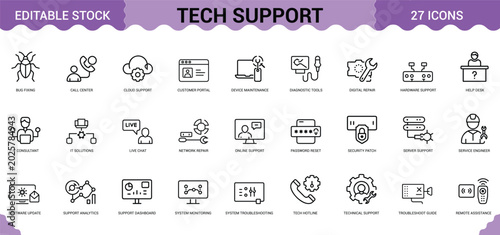 Tech support icons including computer repair online assistance it solutions and network maintenance.
