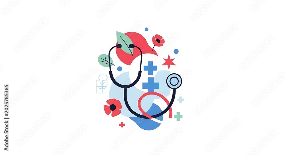 Fototapeta premium Medical illustration featuring stethoscope surrounded by health and wellness symbols