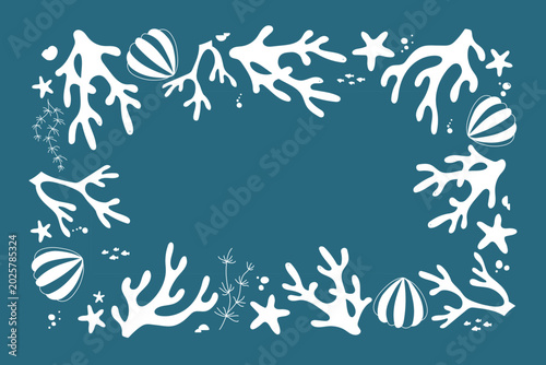 Sea frame. Nautical border. Vector ocean illustration in cartoon style with coral starfish shells on blue color background with empty space