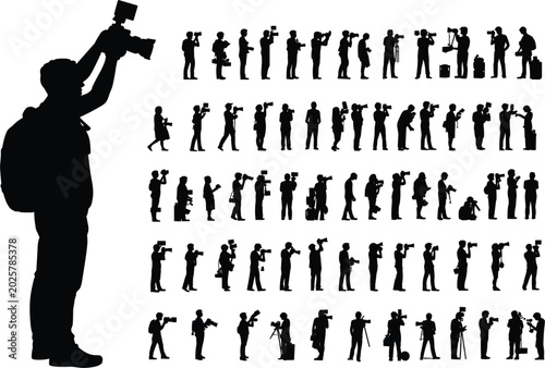 Silhouette of photographer with camera and group of photographers taking pictures photography