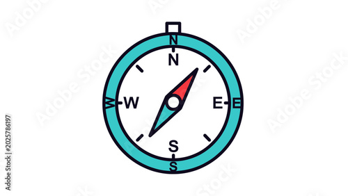 Schilderij op canvas A simple, flat design of a compass with a turquoise bezel and needle pointing no