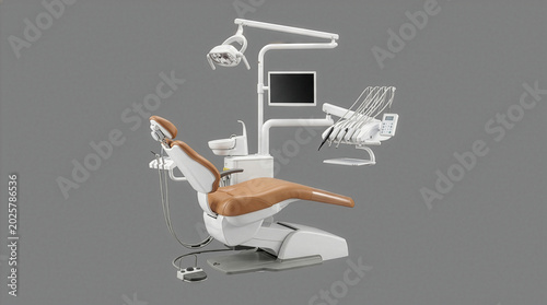 Modern light brown dental chair unit isolated on grey background,