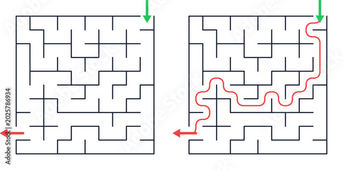 Tableau sur toile 10*10 Maze puzzle with solved path highlighted in red for Children