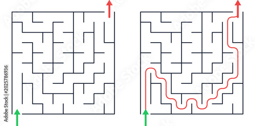 10*10 Maze design with green start and red path to exit for Children 