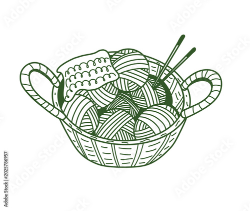 Hand-Drawn Knitting Basket with Yarn Balls and Needles Perfect for Cra