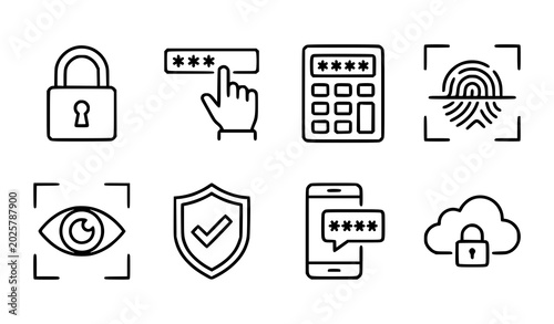 Canvastavla Cybersecurity icons set padlock fingerprint password protection and data securit