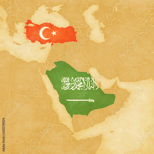 Ocher map of Middle East - Saudi Arabia and Turkey