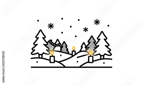 festive holiday scene snowflakes gently falling serene winter wonderland landscape featuring candles garlands evergreen trees
