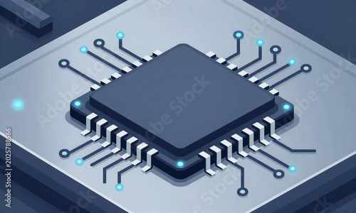 futuristic computer chip lies sleek metallic surface illuminated soft blue led lights intricate circuitry visible